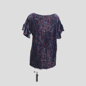 Gap Medium Maternity Top Black Multicolor Crew Neck Ruffle Sleeves Velvet